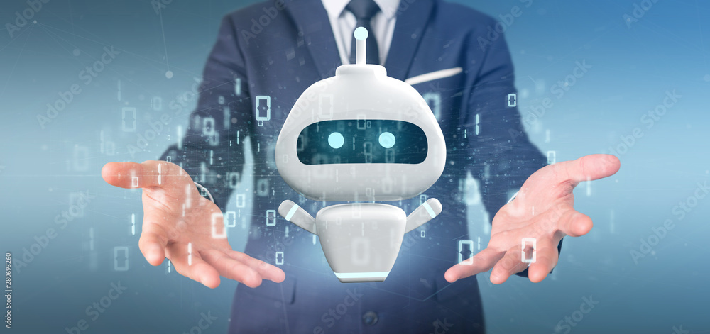 Poster businessman holding chatbot with binary code 3d rendering