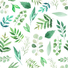 Watercolor seamless pattern with green leaves