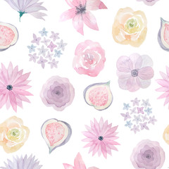 Watercolor flowers and leaves seamless pattern