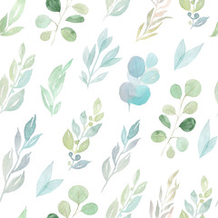 Watercolor green leaves seamless pattern