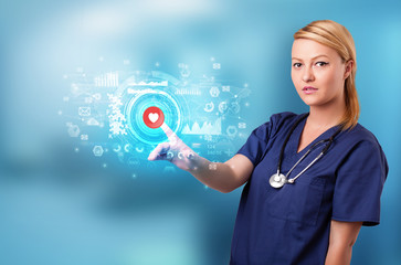 Doctor touching hologram screen displaying medical symbols and charts