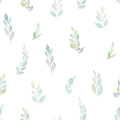 Seamless pattern with watercolor green leaves