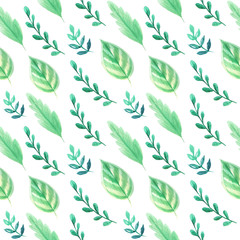 Watercolor green leaves seamless pattern