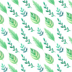 Watercolor green leaves seamless pattern