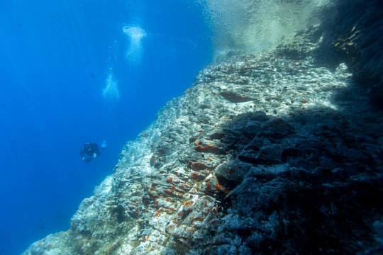 Underwater Cliff Croatia With Diver