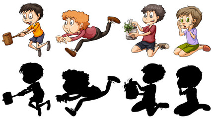 Silhouette, color and outline version of kids in fun actions