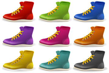 Set of colored boots and shows isolated on white