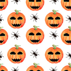 Seamless Halloween hand drawn  watercolor pattern. Orange, yellow, black colors. Pumpkins and spiders on white background