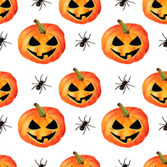 Seamless Halloween hand drawn  watercolor pattern. Orange, yellow, black colors. Pumpkins and spiders on white background