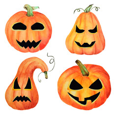 A set of Halloween pumpkin Jack, isolated object on the white background, watercolor hand drawn illustration, cartoon characte