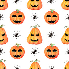 Seamless Halloween hand drawn  watercolor pattern. Orange, yellow, black colors. Pumpkins and spiders on white background