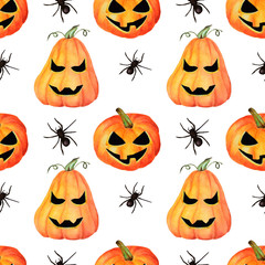 Seamless Halloween hand drawn  watercolor pattern. Orange, yellow, black colors. Pumpkins and spiders on white background