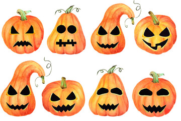 A set of Halloween pumpkin Jack, isolated object on the white background, watercolor hand drawn illustration, cartoon characte