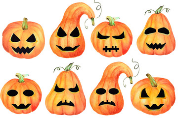A set of Halloween pumpkin Jack, isolated object on the white background, watercolor hand drawn illustration, cartoon characte