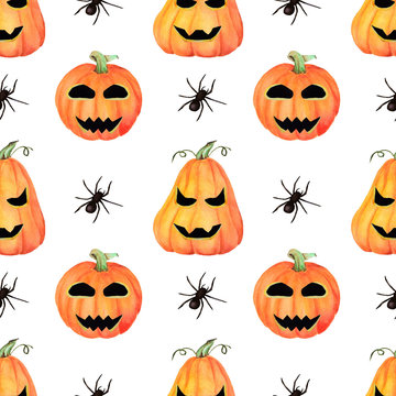Seamless Halloween hand drawn  watercolor pattern. Orange, yellow, black colors. Pumpkins and spiders on white background