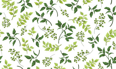 Beautiful pattern seamless of different tree, natural branches, green leaves, herbs, hand drawn watercolor style fresh rustic eco. Vector decorative cute elegant illustration isolated white background