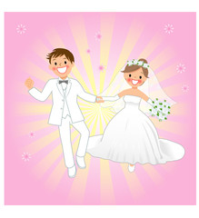 走る新郎新婦