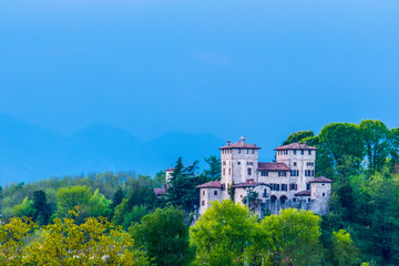 Fototapeta na wymiar Yellow fields of rape on the hills of Friuli. Cassacco and its castle