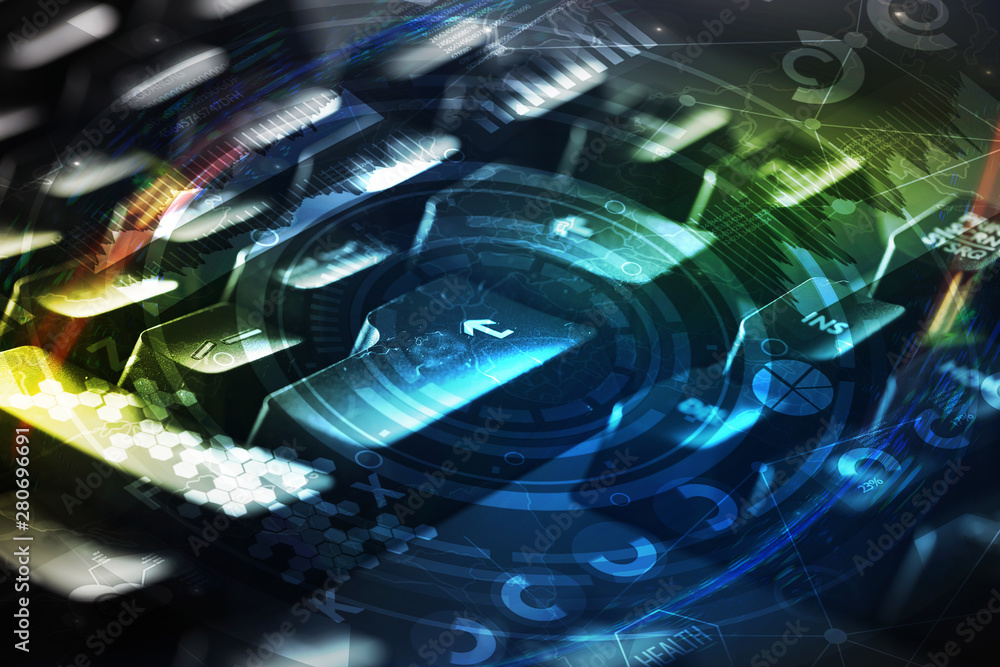 Poster close-up dark keyboard with cyber security concept