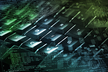 Close-up dark keyboard with coding and programing concept