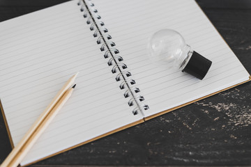 concept of brainstorming lightbulb on open empty notebook