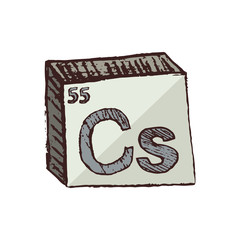 Vector three-dimensional hand drawn chemical silvery-gold symbol of alkali metal caesium with an abbreviation Cs from the periodic table of the elements isolated on a white background.