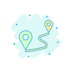 Distance pin icon in comic style. Gps navigation vector cartoon illustration on white isolated background. Communication travel business concept splash effect.