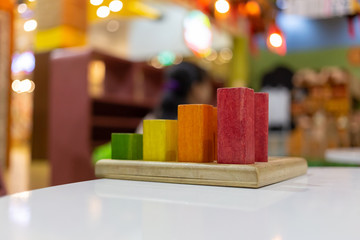 Wooden building blocks on table