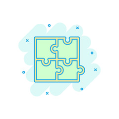 Puzzle compatible icon in comic style. Jigsaw agreement vector cartoon illustration on white isolated background. Cooperation solution business concept splash effect.