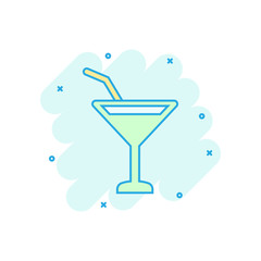 Alcohol cocktail icon in comic style. Drink glass vector cartoon illustration on white isolated background. Martini liquid business concept splash effect.