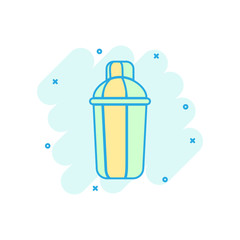 Shaker icon in comic style. Sport bottle vector cartoon illustration on white isolated background. Fitness container business concept splash effect.