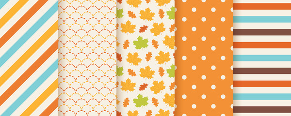 Autumn pattern. Vector. Seamless print with fall leaves, polka dot, stripes and fish scale. Seasonal geometric textures. Colorful cartoon illustration. Cute abstract backgrounds. Orange wallpaper.