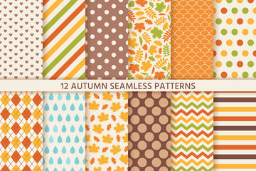 Autumn pattern. Vector. Seamless background with fall leaves. Floral and geometric texture. Seasonal wallpapers. Colorful cartoon illustration in flat design. Yellow, orange print. © maradaisy