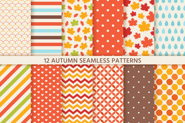 Autumn pattern. Vector. Seamless background with fall leaves, polka dot, stripes and zig zag. Set seasonal geometric wallpapers. Abstract fabric texture. Colorful cartoon illustration in flat design.