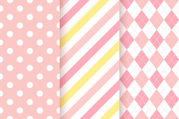 Baby pattern. Kids seamless textile print. Pink pastel background. Vector. Baby girl geometric texture. Cute childish backdrop with polka dots, stripe, rhombus. Flat design. Modern illustration.