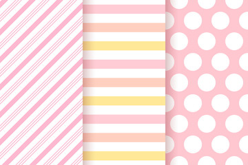 Baby pattern. Kids seamless background. Pink pastel textile print. Vector. Baby girl geometric texture. Cute childish backdrop with polka dots, stripes. Flat design. Modern illustration.