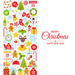 Christmas background. Vector. Happy New year greeting card. Holiday decoration banner with Christmas icons. Creative template poster. Cartoon square illustration. Xmas party postcard in flat design