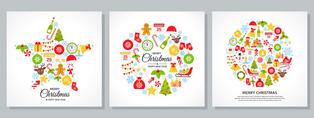 Christmas background. Vector. Decoration greeting card. Banner with Christmas icons on white backdrop. Holiday poster. Cartoon square illustration. Set Xmas party template in flat design