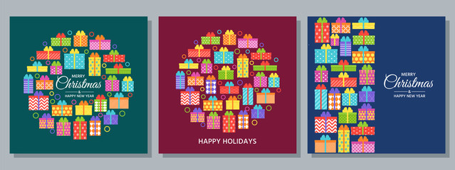 Christmas background. Vector. Happy New year greeting card with gift boxes. Holiday decoration design banner. Creative template poster with wrapped presents. Cartoon flat illustration.