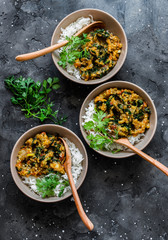 Burnt aubergine spinach vegetarian curry with rice on a dark background, top view. Indian cuisine