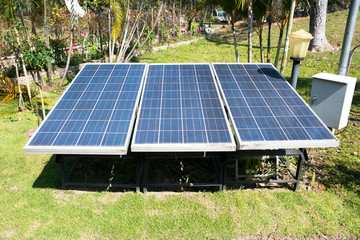 Solar panels in the park background. Row of small solar cell panels in the garden