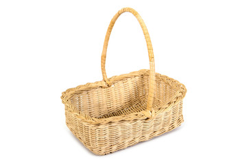 Fototapeta na wymiar Weave bamboo and rattan wood tray basket with handle isolated on white background. Wicker wooden basket isolated