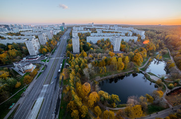 panorama of the park in Moscow, aerial view in autumn season.