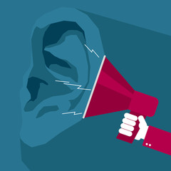 Vector drawn ears and megaphone. The background is red.