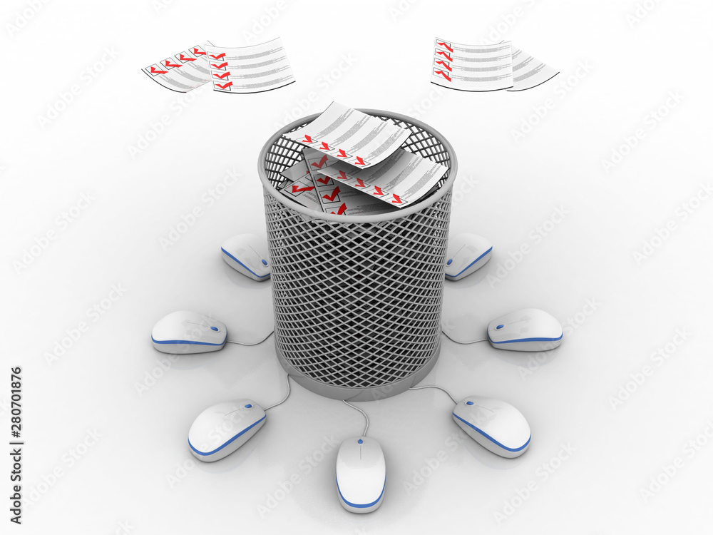 Poster 3d rendering documents in recycle bin connected mouse