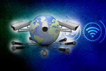 Fototapeta na wymiar 3d rendering Surveillance CCTV Security Camera connected globe with microphone