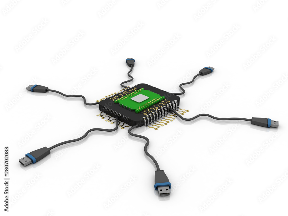 Poster 3d rendering microchips connected usb port
