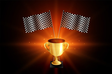 winner golden trophy with racing flags background