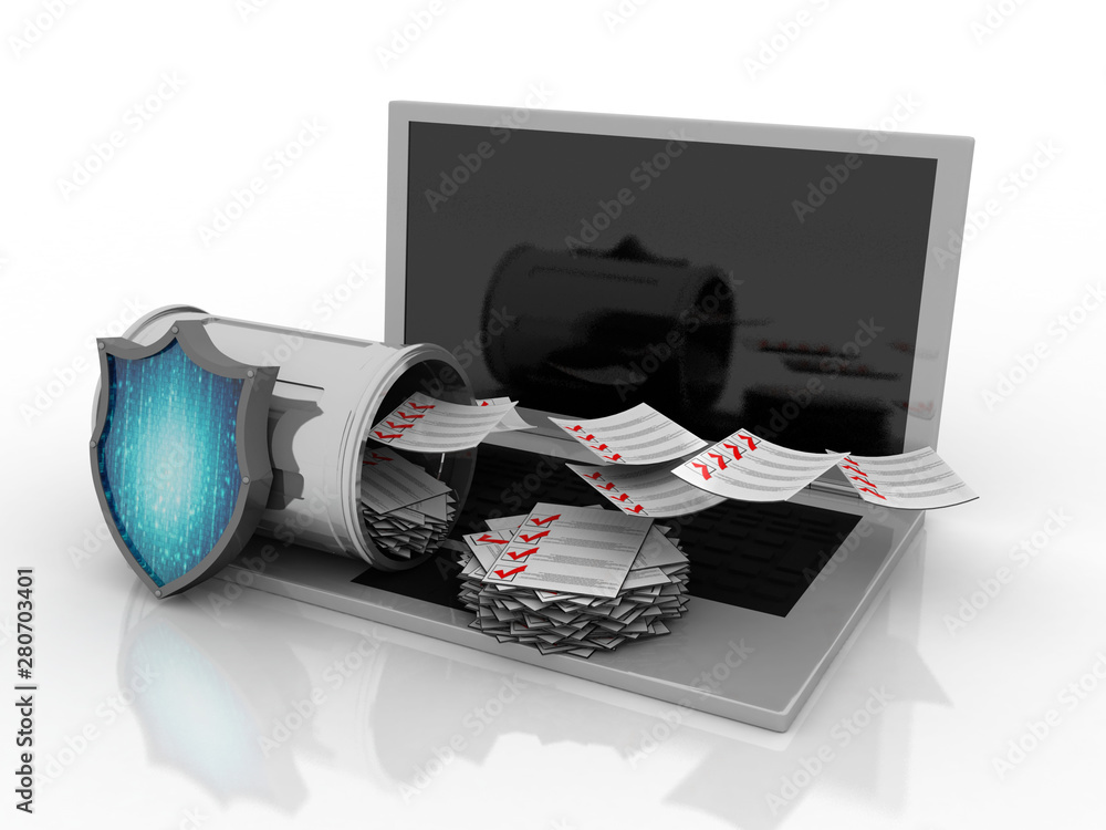 Aufkleber 3d rendering documents in bin protected shield with laptop