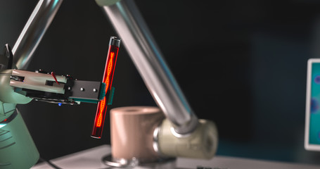 Robot arm holding vial with DNA robotic laboratory robot technology medicine research concept robotic science concept robot arm laboratory glassware DNA 3d rendering 